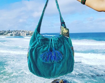 Turquoise Velvet Shoulder Bag, Teal Blue Velvet Bell Bottom Slouch, Aqua Blue Vintage 70s Vegan Hippie, Bali Print Winter Hobo Bag