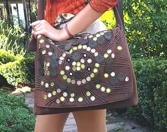 Designer Laptop Bag, Hobo Messenger Bag, College Crossbody Bag, Brown University Bag, Boho Chic Student Satchel, Beaded Canvas Shoulder Bag