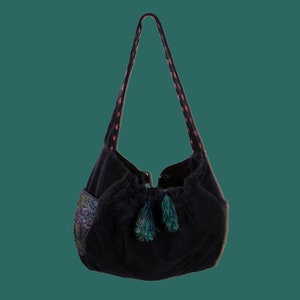 Umhängetasche Samt, Dunkelblau Vintage 70er Jahre, Vegan Hippie, Bell-Bottom Slouch, Ethnic Soul Bali Print, Hobo Bag, Hobo Bag