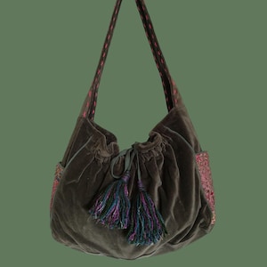 Sac en velours vert terreux, sac bohème vintage unique, sac végétalien souple inspiré de la terre, sac hobo d'hiver
