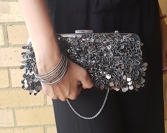 Grey Pearl Clutch, Gunmetal Evening Bag, Beaded Gunmetal Purse, Metallic Silver Bag, Brass Clasp Silver Purse, Flapper Bag Design