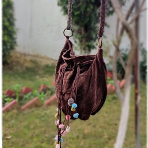 Happy Hippie Bag, Velvet Slouch Bag, Vegan Bucket Bag, Chocolate Brown Bell Bottom Velvet Shoulder Bag, Shabby Chic Hobo Bag, 70s Rasta Bag