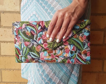 Iris Flower Envelope Clutch, Beaded Pastel Green Clutch, Victorian Silk Purse, Garden Summer Wedding Bag, Pink Spring Flower Bag
