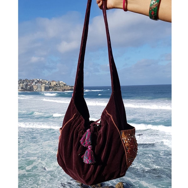 Borsa a tracolla in velluto, borsa a tracolla in velluto con tracolla lunga, spaziosa borsa boho, borsa vegana, regalo di anniversario in cotone, borsa invernale in velluto verde