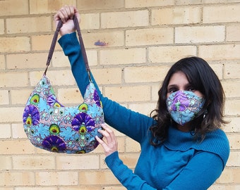 Teal Blue Slouch Bag & Mask Set: Beaded Boho Chic Handbag