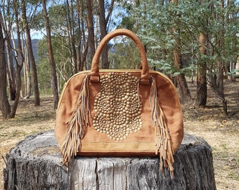 Studded Doctor Bag, Tan Boho Fringe Bag, Equestrian Bag, Black Leather Fringe Handbag, Stud Fringe Shabby Chic Doc Bag, Large Suede Handbag