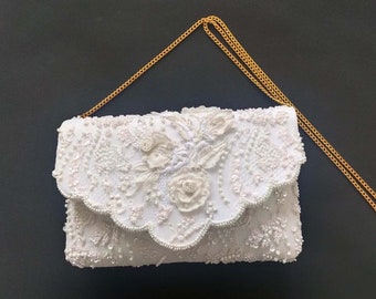 Lacy Rose Bridal Clutch: White Beaded Wedding Purse