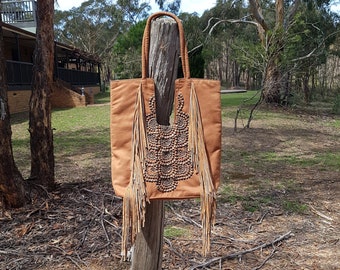 Studded Shoulder Bag, Leather Fringe Bag, Large Suede Hobo Bag, Tan Boho Fringe Bag, Equestrian Tote Bag, Weekend Safari Bag, Shabby Chic