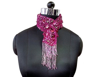 Gitz & Glam Perlen Schal, Einzigartige Burgunder Krawatte, Besonderes Geschenk für Sie, Beere Dünner Schal, Jazzy Formelle Krawatte Schärpe, Pailletten Zigeuner Stirnband