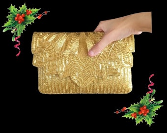 Pochette en or perlée à la main, sac à main en or art déco, design vintage des années 1920, sac de mariage d'été, pochette de mariage, sac de soirée en or