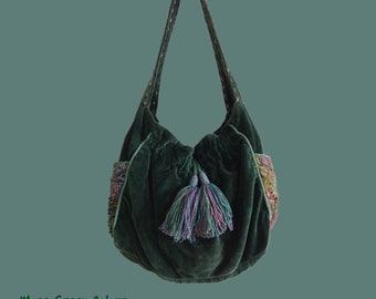 EN STOCK Bolso de hombro de terciopelo terroso, hippie vegano vintage de los años 70 verde musgo, slouch de fondo de campana de terciopelo verde camuflaje, bolso hobo de invierno