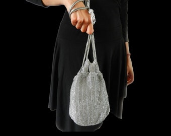 Perlen Häkeltasche, Vintage Silber Handtasche, Abendtasche, Kordelzug Abendtasche, Hochzeit Accessoire, Mutter der Braut Handtasche
