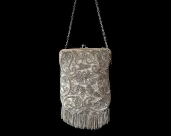 Lady Grace Silber Tasche, Art Deco Hochzeit Clutch, Silber Perlen Tasche, Silber Vintage Handtasche