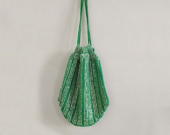Green Crochet Bag, Beaded Evening Bag, Gift for Mom, Handmade Vintage Drawstring Purse