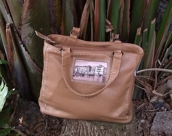 Bolso de cuero tote, tote de cuero bronceado de alta calidad con cremallera, impresión náutica, bolso de cuero de diseñador hecho a mano