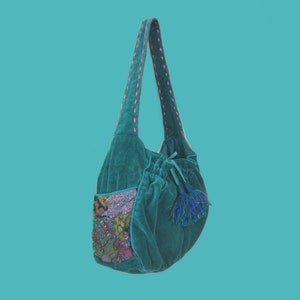 Turquoise Velvet Shoulder Bag, Teal Blue Velvet Bell Bottom Slouch ...