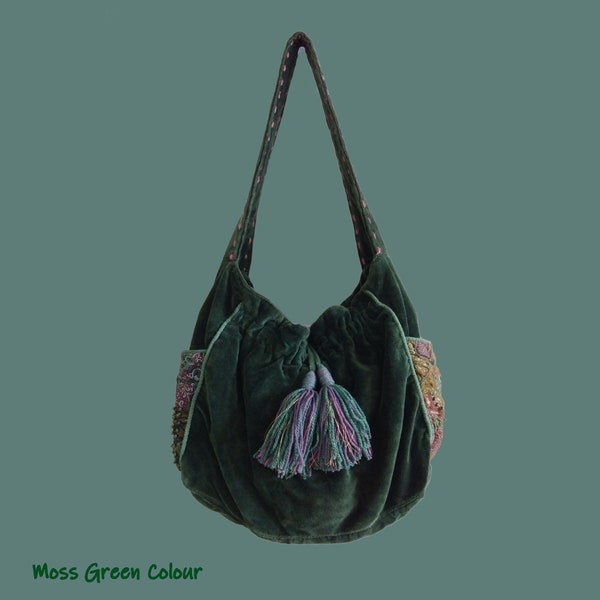 Sac à bandoulière en velours terreux, hippie végétalien vintage des années 70 vert mousse, fond mou en velours vert camouflage, sac hobo d'hiver