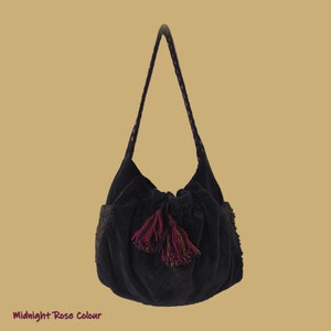 Velvet Shoulder Bag, Midnight Rose Velvet Purse, 70s Vegan Hippie, Black Bell Bottom Slouch, Bali Print,Hobo Bag