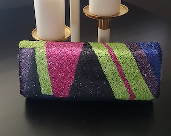 Green and Black Evening Bag, Hand Beaded Clutch, Rainbow Stripe Bead Bag, Unique Gift for Her, Tube Shape Clutch, Special Occasion Handbag