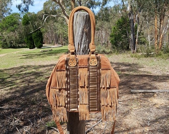 Explorer Weekend Bag, Large Leather Fringe Bag, Large Suede Fabric Tote, Safari Adventure Travel Bag