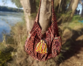 Burgundy Velvet Shoulder Bag, Zebra Print 70s Velvet Tote, Wine Lovers Gift, Vintage Berry Gypsy Bag, Festival Slouch Bag