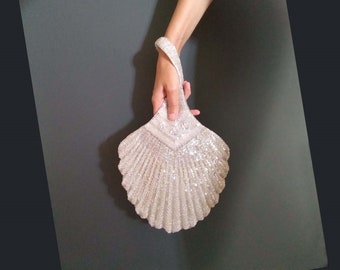 Large Bridal Wristlet, Wedding Clutch, Shell Shaped Beaded Bridal Clutch, Silver Bead Bag, Art Deco Bride Purse, Designer Statement Piece