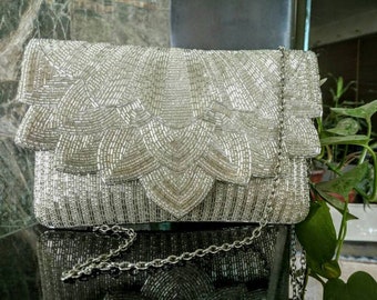 Art Deco Inspired Silver Evening Bag, Vintage Designer Purse, Wedding Clutch, Unique Present for Her, Cocktail Purse