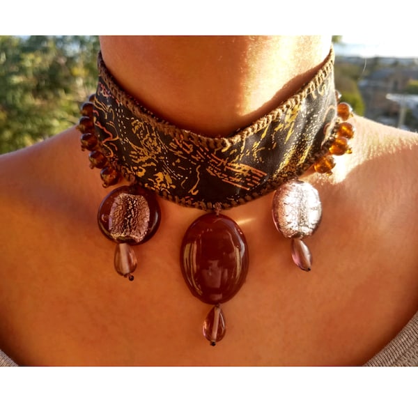 Stone Choker Necklace, Boho Hippie Gift, Ethnic Print Fabric Tie Up Choker, Hand Beaded Gypsy Stone Necklet, Hobo Chic Necktie Jewellery