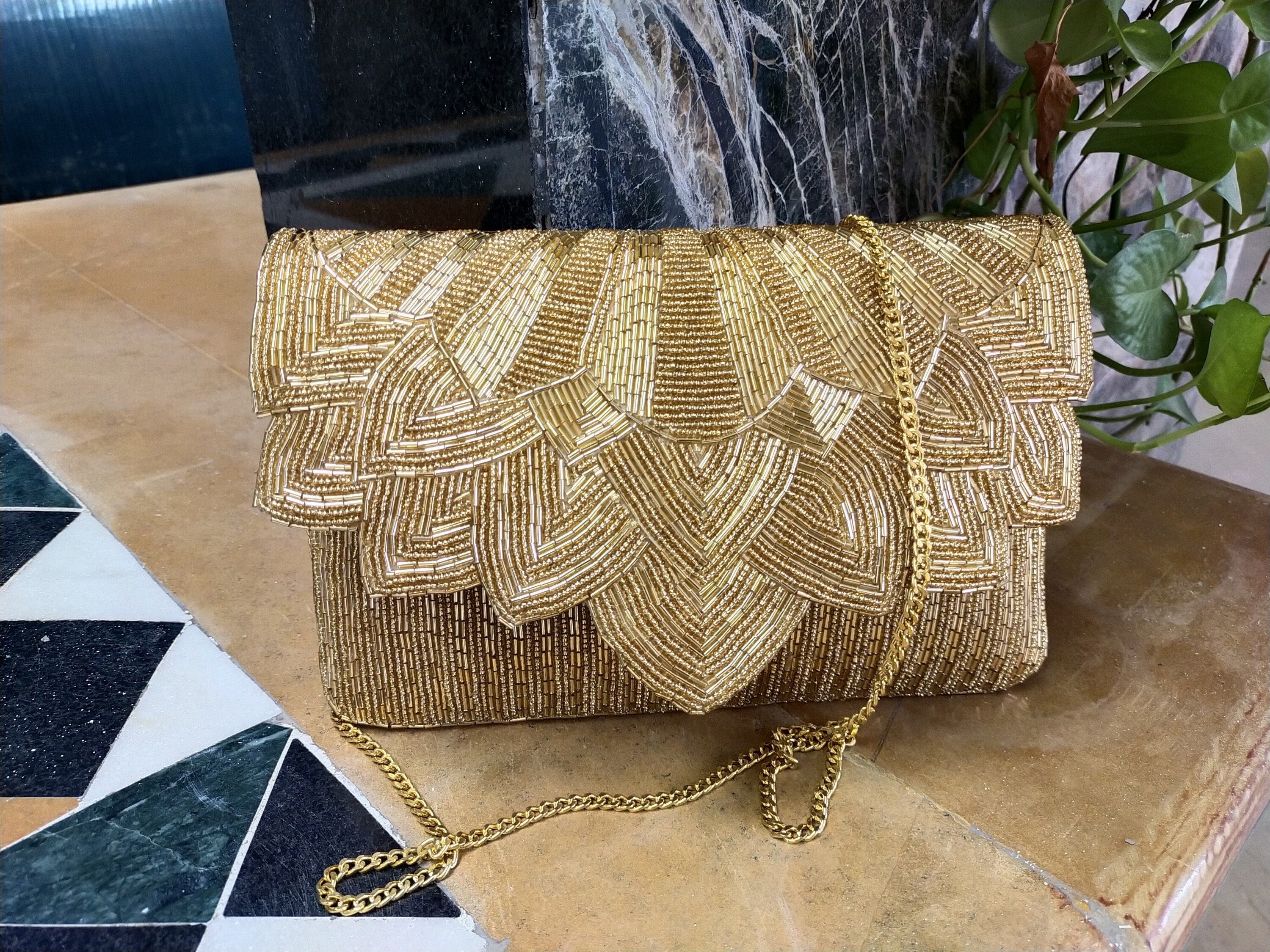 Hand Beaded Gold Clutch Art Deco Gold Purse 1920s Vintage 