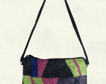 Pochette De Soirée Vintage En Velours Noir – Style Art Déco Avec Plaque émaillée, 16x13 Cm