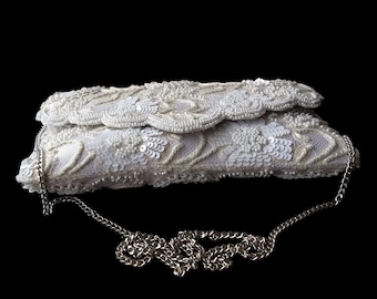 Santana Braut Clutch mit 3D bestickter Elfenbein Spitze, weiße Hochzeits Clutch, Perlen Hochzeitstasche, Vintage Braut Geldbörse