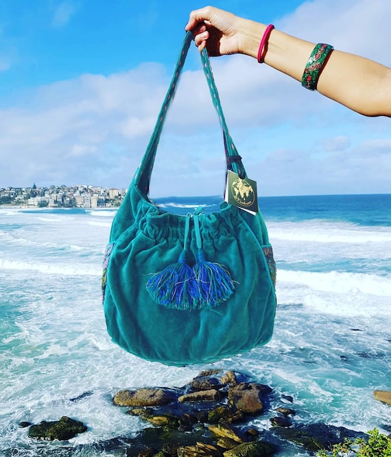 Turquoise Velvet Shoulder Bag Teal Blue Velvet Bell Bottom - Etsy