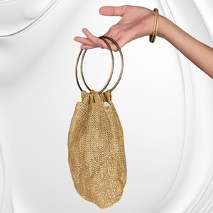 Perlen Häkeltasche, Vintage Silber Handtasche, Abendtasche, Kordelzug Abendtasche, Hochzeit Accessoire, Mutter der Braut Handtasche Brass Bangle: Gold