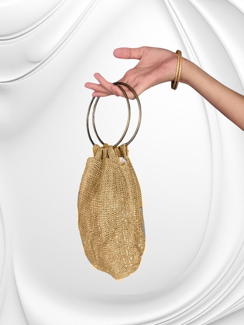 Perlen Häkeltasche, Vintage Silber Handtasche, Abendtasche, Kordelzug Abendtasche, Hochzeit Accessoire, Mutter der Braut Handtasche Brass Bangle: Gold