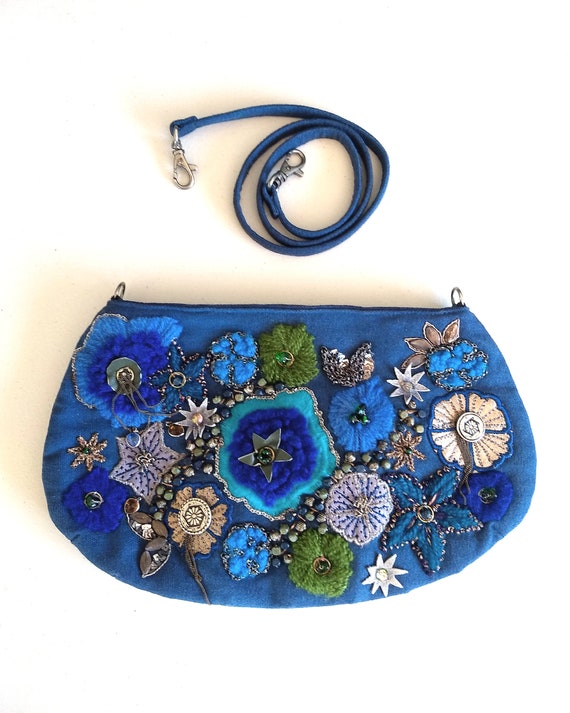 Handmade Winter Garden Handbag: Edwardian Style Ladies Bag, Embroidered Floral Denim Sling