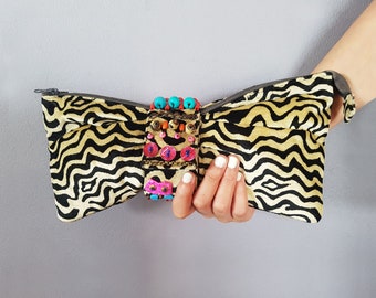 Bow Shape Velvet Clutch, Velvet Gift for Her, Champagne Velvet Zebra Purse, Beaded Vintage Style Clutch, Vegan Animal Design