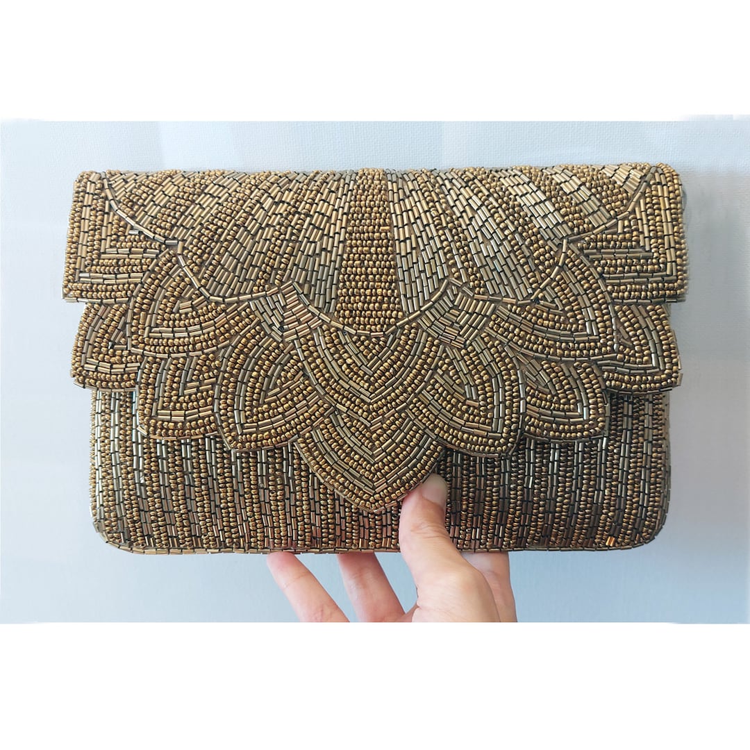 Charlotte Beaded Gold Silver Clutch with Wooden Handle main image 0