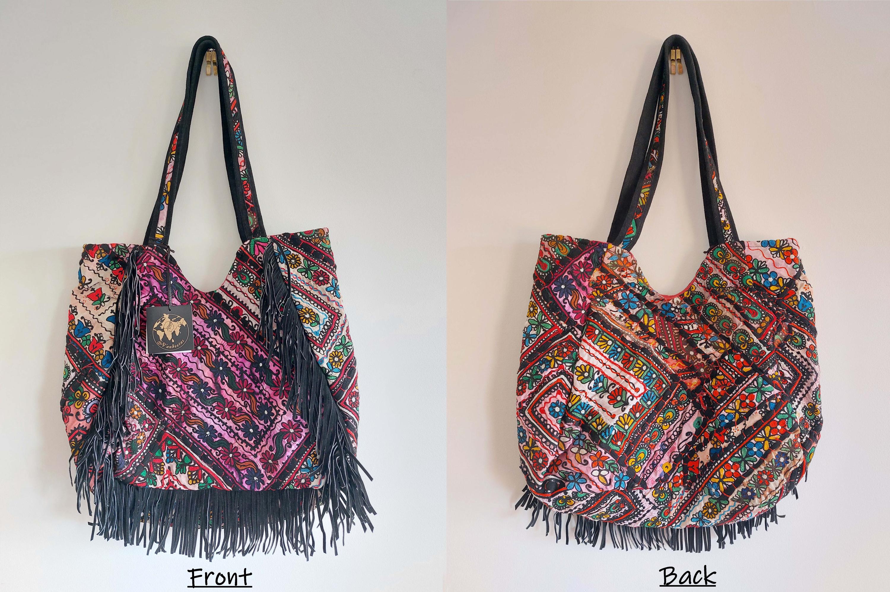 限定版アンティーク刺繍タペストリートートバッグ（レザーフリンジ付き