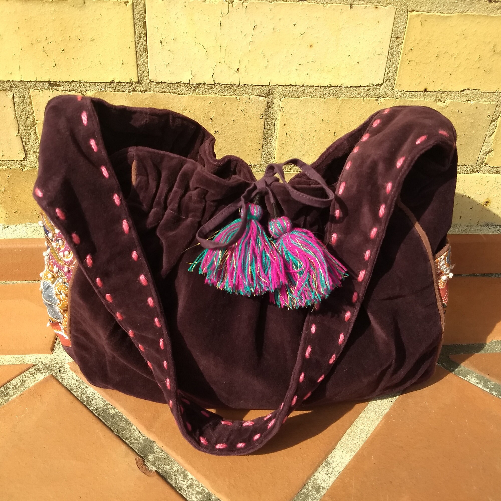 Burgundy Velvet Shoulder Bag, Velvet Hipster Bag, 70s Vegan Hippie, Bell Bottom Slouch, Bali Boho Bag