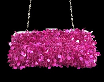 Fuchsia Evening Bag, Indian Wedding Bag, Ruby Red Clutch, Bridesmaid Gift, Hand Beaded Sequin Purse, 1950s Vintage Style Designer Bead Bag