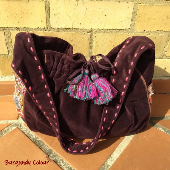 Velvet Shoulder Bag, Midnight Rose Velvet Purse, 70s Vegan