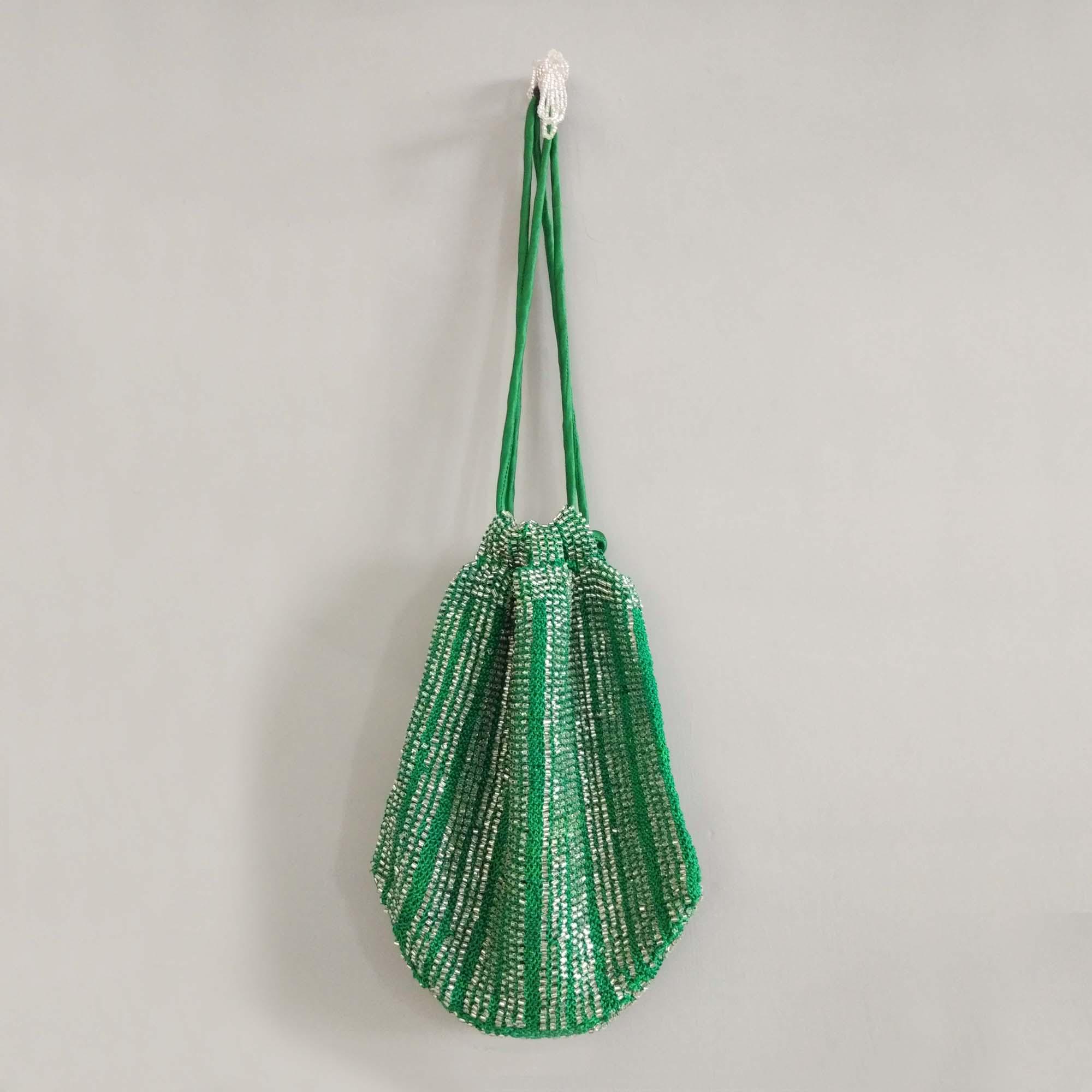 Beaded Crochet Bag, Vintage Silver Wristlet, Drawstring