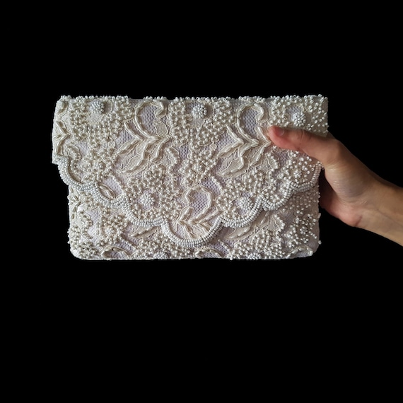 Handmade Bridal Clutch Purse In Ivory Lace With Pom Pom Flowers by