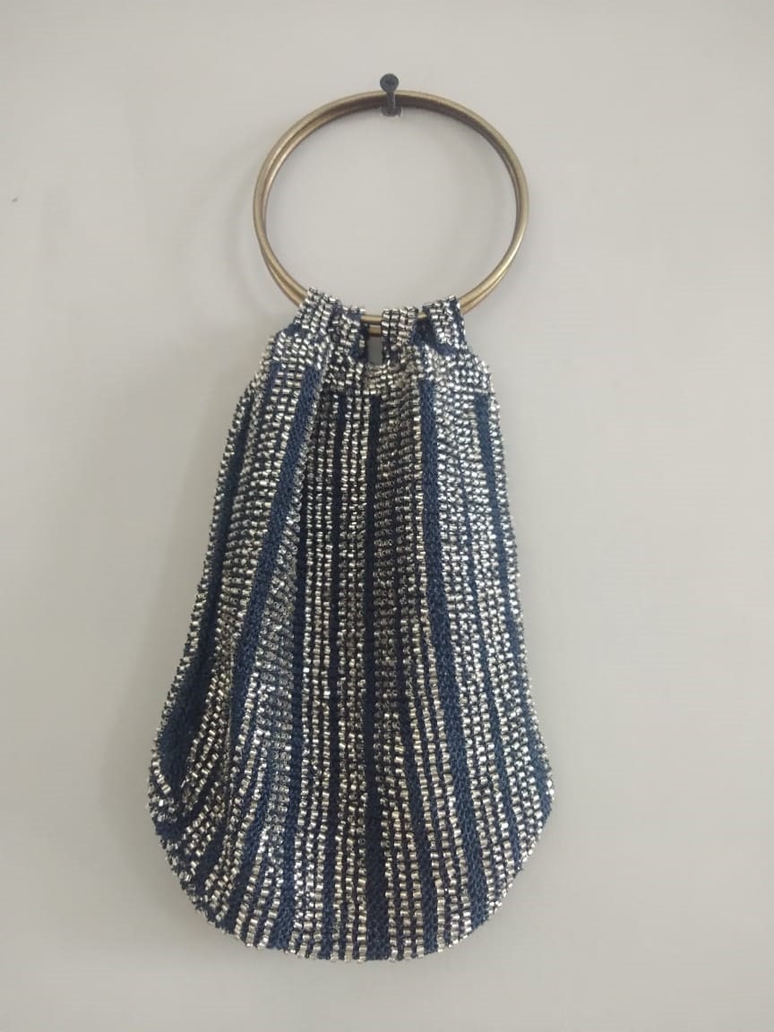 Beaded Crochet Bag, Vintage Silver Wristlet, Drawstring