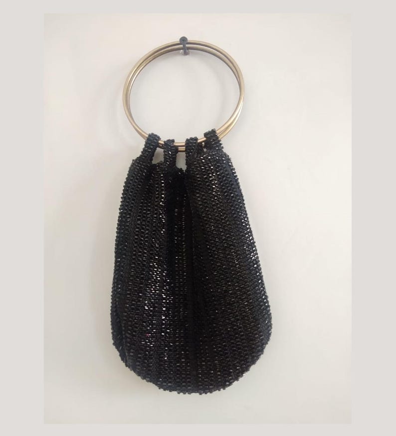 Perlen Häkeltasche, Vintage Silber Handtasche, Abendtasche, Kordelzug Abendtasche, Hochzeit Accessoire, Mutter der Braut Handtasche Brass Bangle: Black