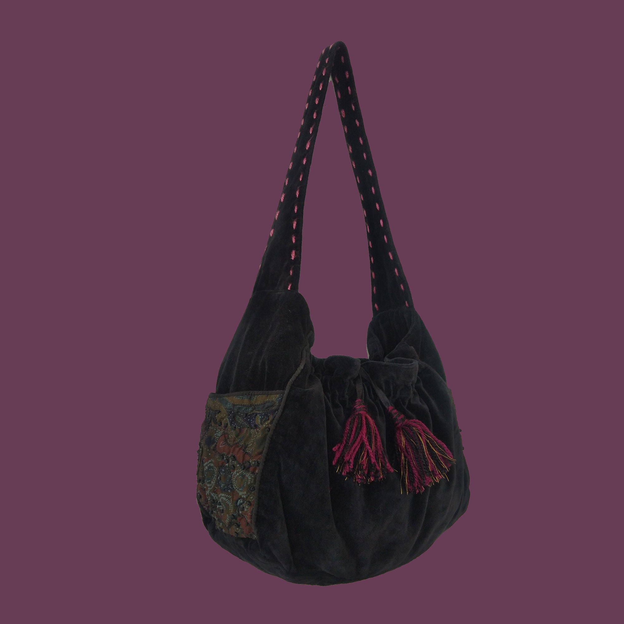 Velvet Shoulder Bag, Midnight Rose Velvet Purse, 70s Vegan Hippie, Black Bell  Bottom Slouch, Bali Print,hobo Bag 