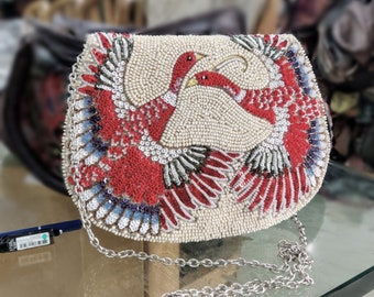 Love Birds Handbag, Romantic Wedding Bag, Special Anniversary Gift, Beaded Phoenix Purse, Handmade Designer Bead Bag, Bridal Clutch