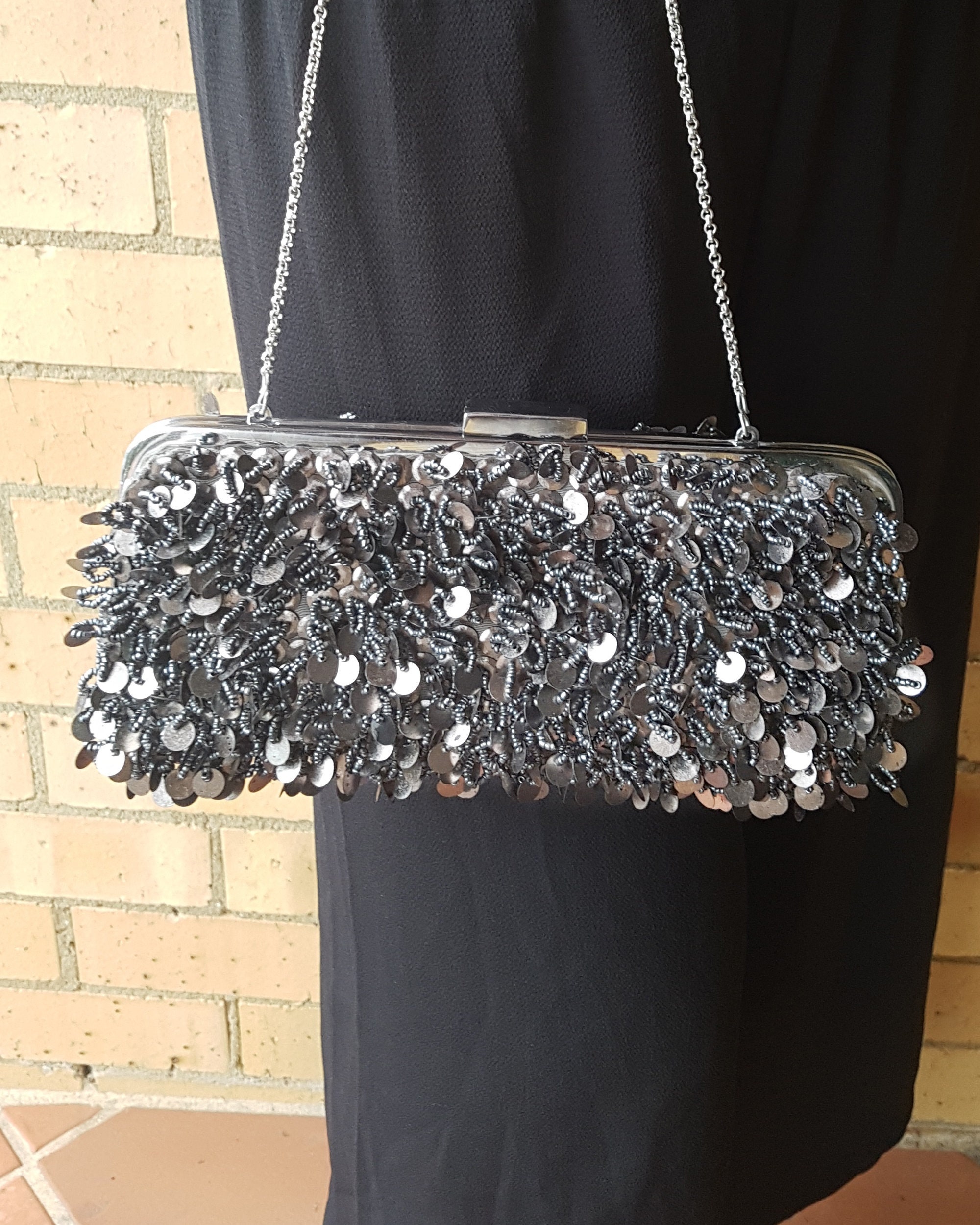 Grey Pearl Clutch Gunmetal Evening Bag Beaded Gunmetal Purse Metallic Silver Bag Brass Clasp Silver Purse Flapper Bag Design