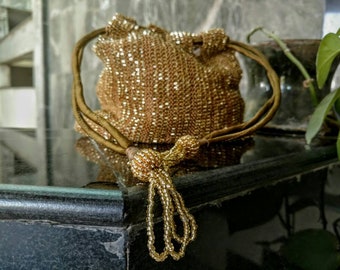 Gold Beaded Purse, Special Gift for Her, Hand Crochet Bag, Vintage Design Evening Bag, Drawstring Macrame Purse