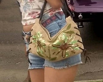Sunflower Jute Bag: Boho Chic Handbag with Sequin Embroidery
